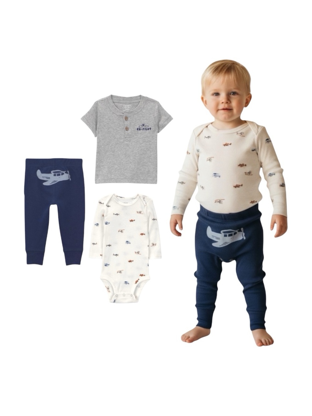 Carter's Navy, Gray & Cream Airplane 3-Piece Outfit Set